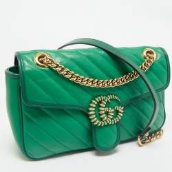 Gucci Green Diagonal Quilt Leather Small GG Marmont Torchon Shoulder Bag