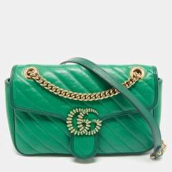 Gucci Green Diagonal Quilt Leather Small GG Marmont Torchon Shoulder Bag