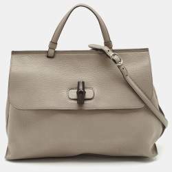 Gucci Grey Leather Large Bamboo Daily Top Handle Bag