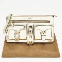 Gucci Gold Patent Leather Studded Wristlet Zip Clutch
