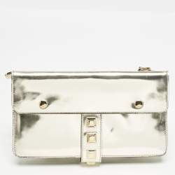 Gucci Gold Patent Leather Studded Wristlet Zip Clutch