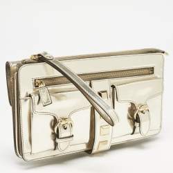 Gucci Gold Patent Leather Studded Wristlet Zip Clutch