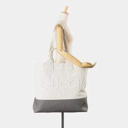 Gucci Grey/White Canvas Embossed Logo Tote