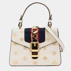 Gucci White Mini Calfskin Bee Star Sylvie Satchel
