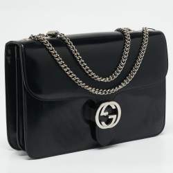 Pre Owned Gucci Black Glossy Leather Medium Interlocking G Shoulder Bag