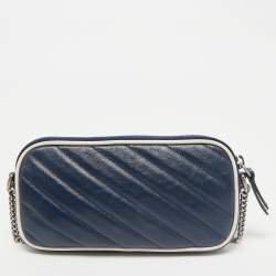Gucci Blue Diagonal Quilt Leather Mini GG Marmont Torchon Crossbody Bag