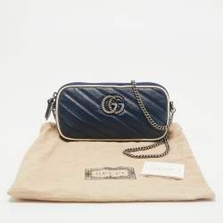 Gucci Blue Diagonal Quilt Leather Mini GG Marmont Torchon Crossbody Bag