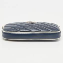 Gucci Blue Diagonal Quilt Leather Mini GG Marmont Torchon Crossbody Bag
