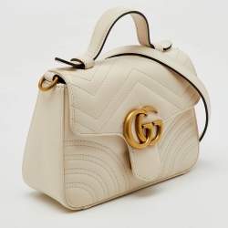 Gucci White Matelassé Leather Mini GG Marmont Top Handle Bag