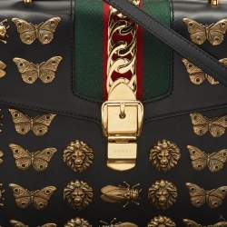 Gucci Black Leather Medium Animal Studs Sylvie Top Handle Bag