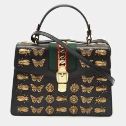 Gucci Black Leather Medium Animal Studs Sylvie Top Handle Bag