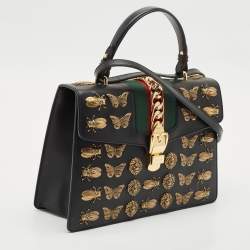 Gucci Black Leather Medium Animal Studs Sylvie Top Handle Bag