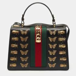 Gucci Black Leather Medium Animal Studs Sylvie Top Handle Bag