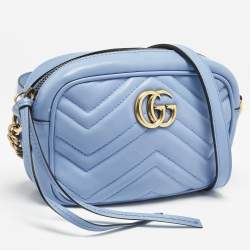 Gucci Blue Matelassé Leather Mini GG Marmont Camera Bag