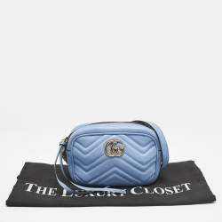 Gucci Blue Matelassé Leather Mini GG Marmont Camera Bag