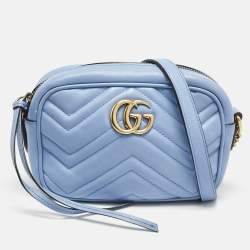 Gucci Blue Matelassé Leather Mini GG Marmont Camera Bag