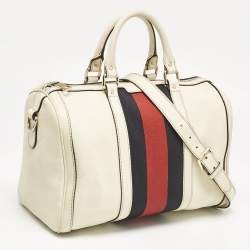 Gucci White Leather Vintage Web Medium Boston Bag
