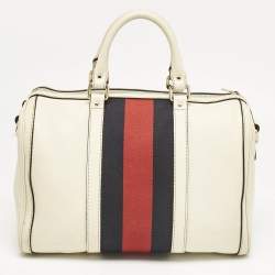 Gucci White Leather Vintage Web Medium Boston Bag