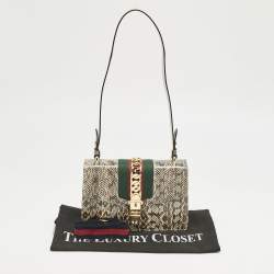 Gucci Black/White Watersnake Leather Small Web Chain Sylvie Shoulder Bag