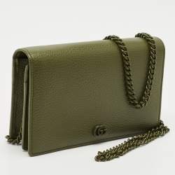Gucci Olive Green Leather GG Marmont Wallet On Chain