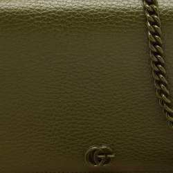 Gucci Olive Green Leather GG Marmont Wallet On Chain