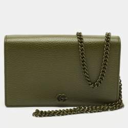 Gucci Olive Green Leather GG Marmont Wallet On Chain