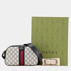 Gucci Beige Black Small GG Supreme Textured Dollar Calfskin Web Ophidia Camera Bag