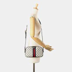 Gucci Beige Black Small GG Supreme Textured Dollar Calfskin Web Ophidia Camera Bag