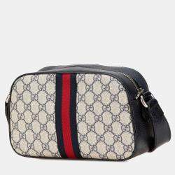 Gucci Beige Black Small GG Supreme Textured Dollar Calfskin Web Ophidia Camera Bag
