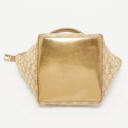 Gucci Beige/Gold GG Canvas and Patent Leather Small Web Tote