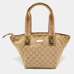 Gucci Beige/Gold GG Canvas and Patent Leather Small Web Tote