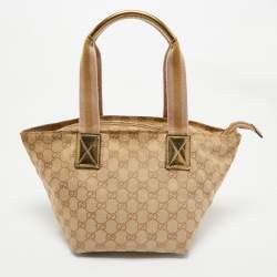 Gucci Beige/Gold GG Canvas and Patent Leather Small Web Tote