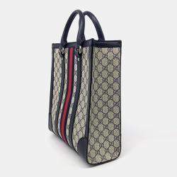 Gucci Beige Navy Blue Leather and PVC Ophidia Tote Bag Medium