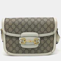Gucci Beige White Canvas and Leather 1955 Horsebit Shoulder Bag