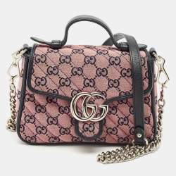 Gucci Pink/Navy Blue Diagonal Matelassé GG Canvas Mini GG Marmont Top Handle Bag