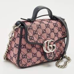 Gucci Pink/Navy Blue Diagonal Matelassé GG Canvas Mini GG Marmont Top Handle Bag
