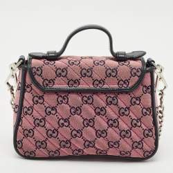 Gucci Pink/Navy Blue Diagonal Matelassé GG Canvas Mini GG Marmont Top Handle Bag