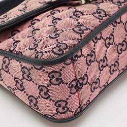 Gucci Pink/Navy Blue Diagonal Matelassé GG Canvas Mini GG Marmont Top Handle Bag