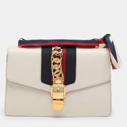 Gucci White Leather Small Web Chain Sylvie Flap Shoulder Bag