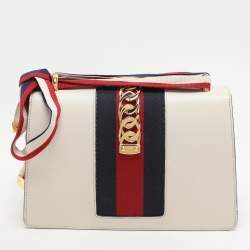 Gucci White Leather Small Web Chain Sylvie Flap Shoulder Bag