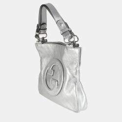 Pre Owned Gucci Silver Metallic Sakai Diagonal Stitched Calfskin Small Blondie Tote bag
