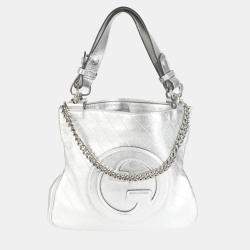 Pre Owned Gucci Silver Metallic Sakai Diagonal Stitched Calfskin Small Blondie Tote bag