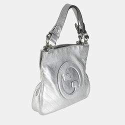 Pre Owned Gucci Silver Metallic Sakai Diagonal Stitched Calfskin Small Blondie Tote bag