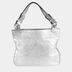 Pre Owned Gucci Silver Metallic Sakai Diagonal Stitched Calfskin Small Blondie Tote bag