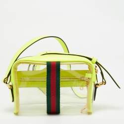 Gucci Neon Green Leather and PVC Ophidia Mini Front Zip Crossbody Bag