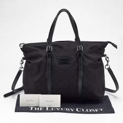 Pre Owned حقيبة يد غوتشي سحاب علوي جلد ونايلون GG سوداء