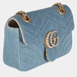 Gucci Blue Matelasse Denim GG Marmont Pearly Shoulder Bag