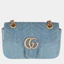 Gucci Blue Matelasse Denim GG Marmont Pearly Shoulder Bag