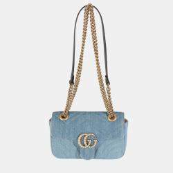 Gucci Blue Matelasse Denim GG Marmont Pearly Shoulder Bag