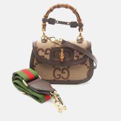 Gucci Bamboo 1947 Beige Brown Jumbo GG Canvas Leather Shoulder Bag